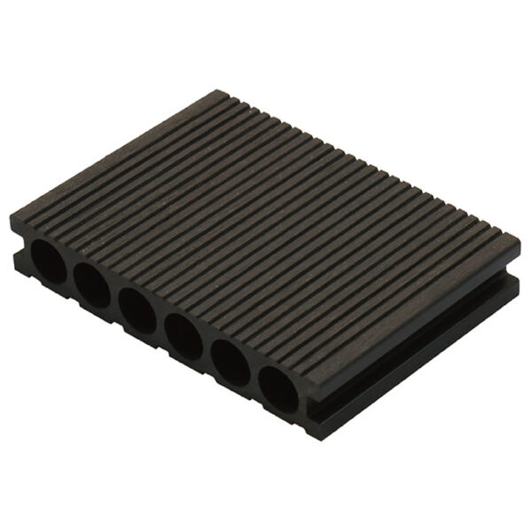 Black grooved WPC decking boards with round-hole hollow profile