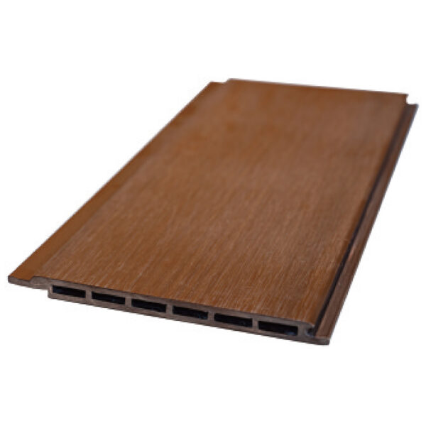 Brown flat wood-grain WPC exterior wall cladding panel with hollow profile for commercial façade projects