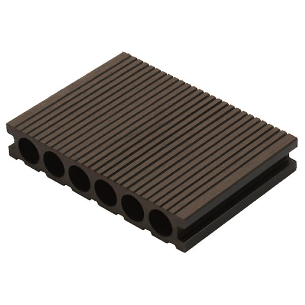 Dark brown grooved WPC decking board with round-hole hollow construction