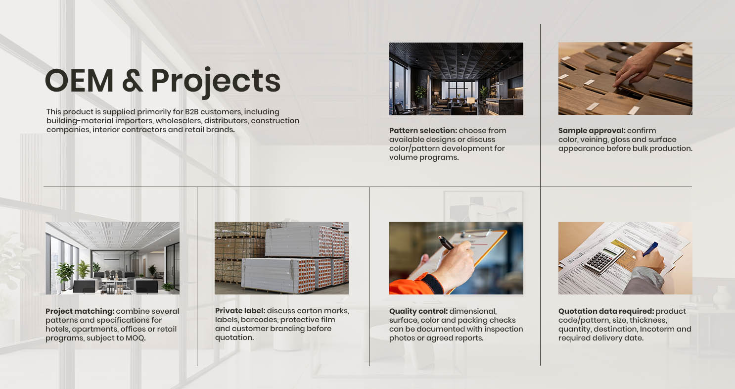 PVC ceiling tile OEM and project support covering pattern selection, sample approval, private labeling and quality checks