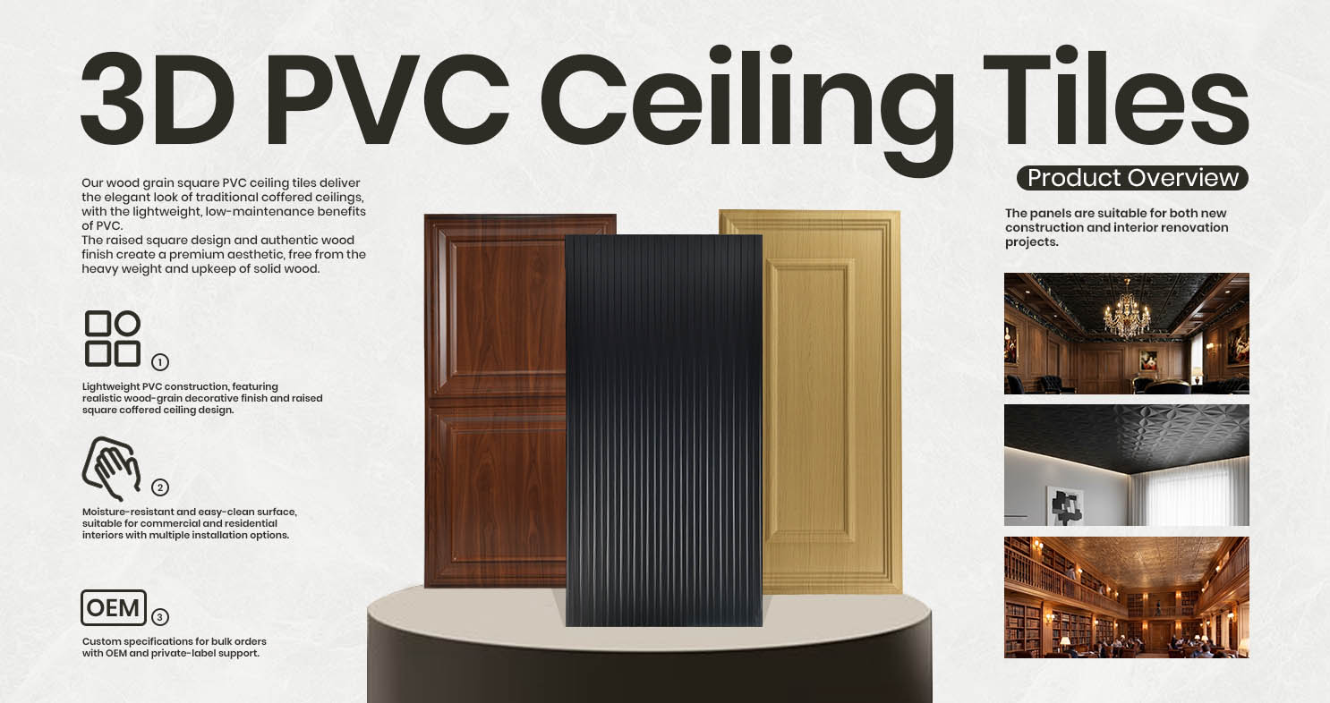 Decorative PVC ceiling tiles with wood grain and black textured finishes, shown alongside interior ceiling applications