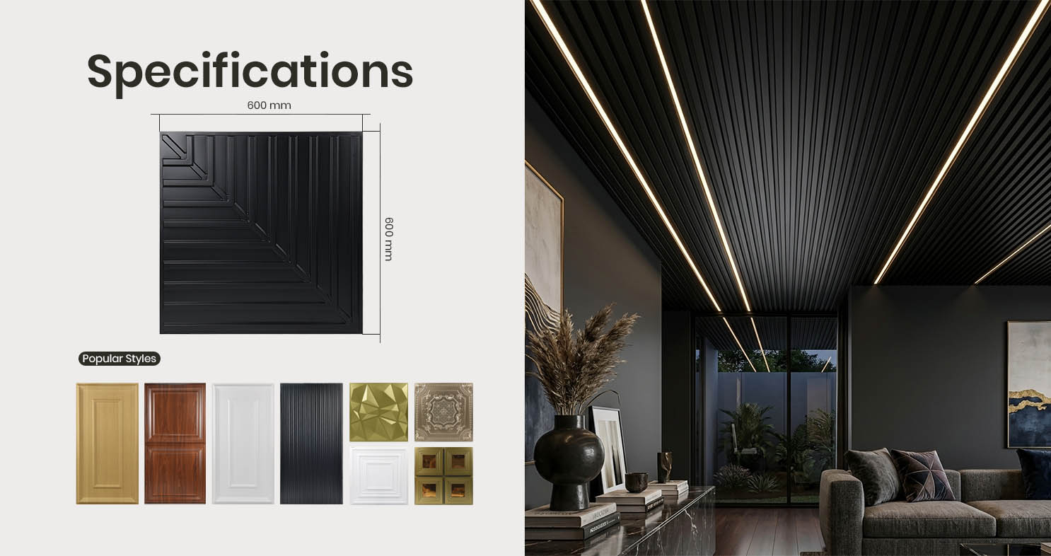 PVC ceiling tile specifications showing a 600 x 600 mm square tile, decorative designs and a black ceiling application