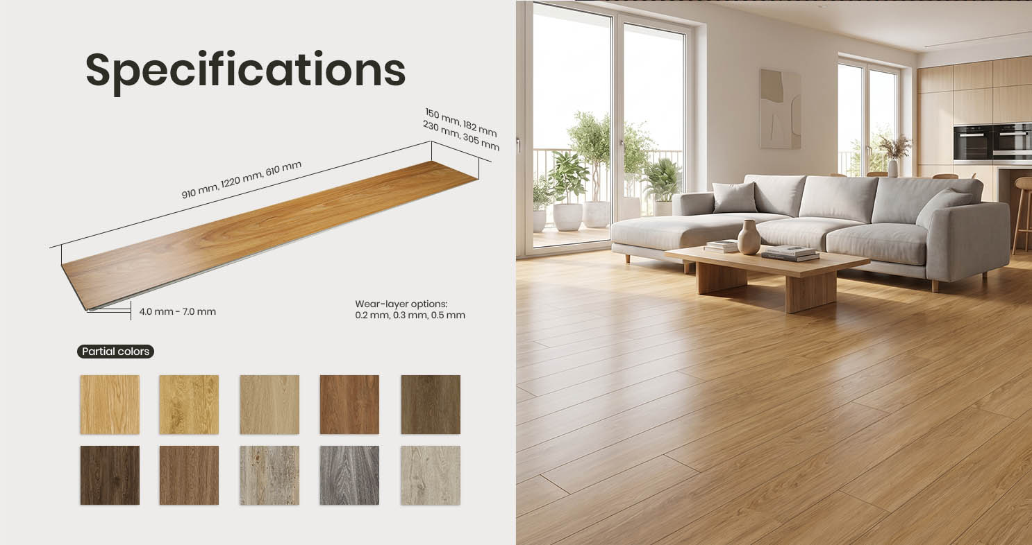 SPC flooring specifications with plank sizes, thickness options, wear layers and interior installation example