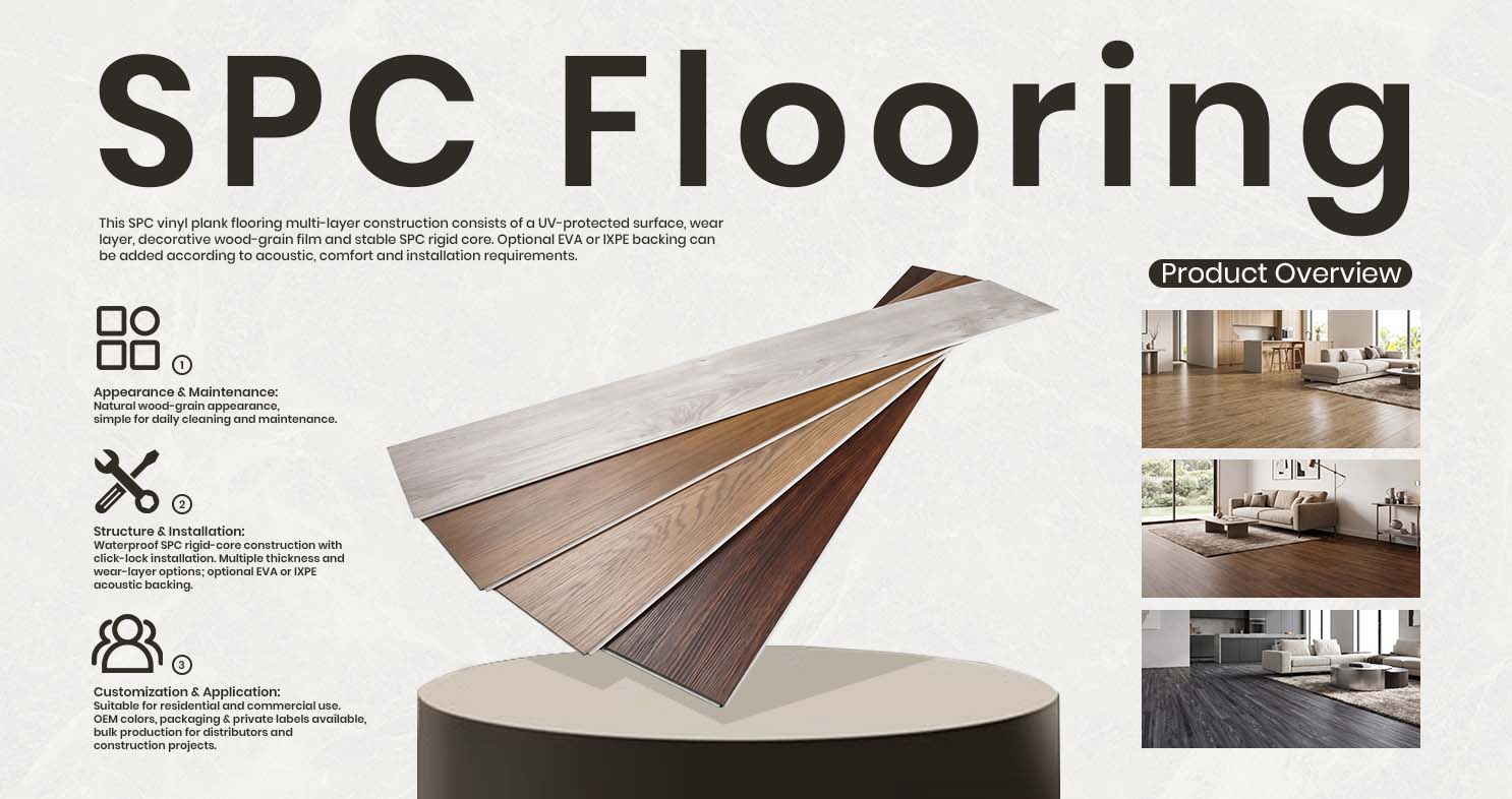SPC vinyl plank flooring with wood grain finishes for residential and commercial interiors