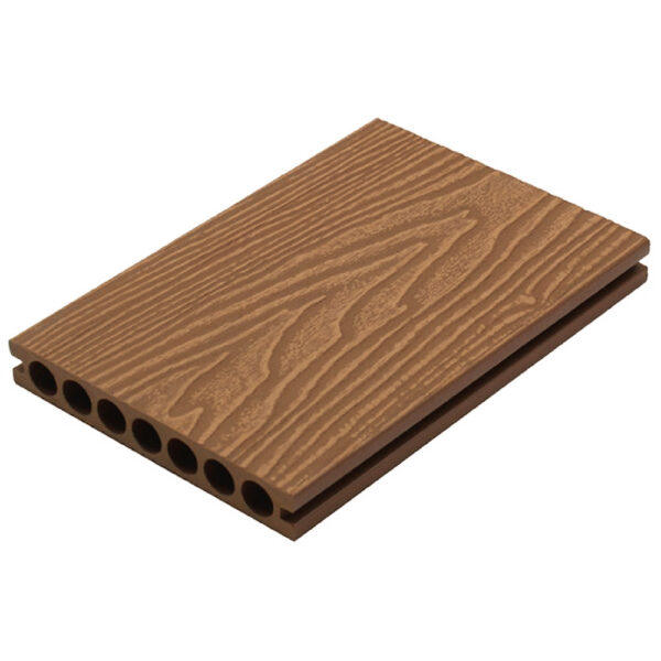 Teak color 3D embossed WPC decking board with round-hole hollow profile