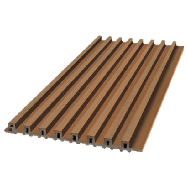 Teak fluted WPC exterior wall panel with narrow linear profile