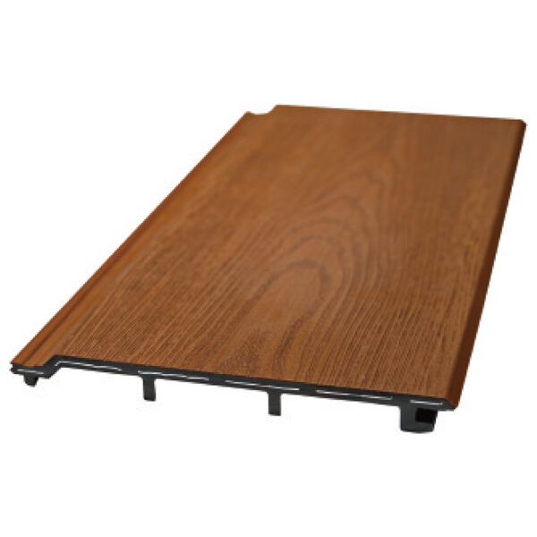 Warm brown flat wood-grain WPC exterior wall cladding panel with hollow interlocking profile