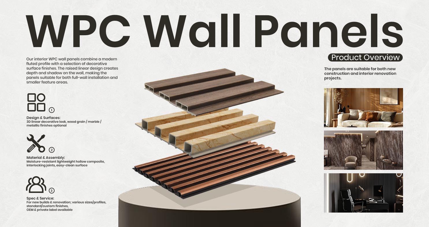 Interior WPC fluted wall panels in wood grain, marble and metallic finishes for residential and commercial interiors