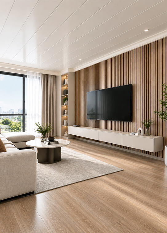 White PVC ceiling panels installed in a modern living room with recessed lighting and a decorative wood slat accent wall